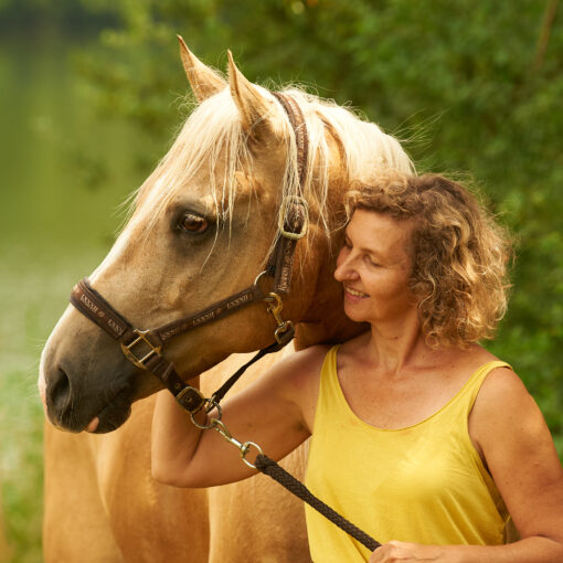portrait d'un cheval palomino avec sa propriétaire au Valjoly
